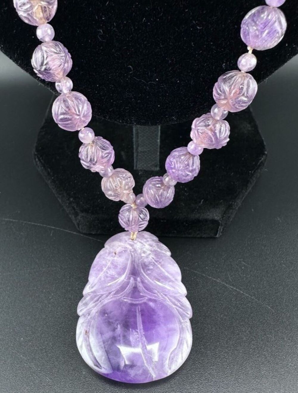 Vtg Chinese Export Silver Carved Amethyst Stone Lotus Beaded Pendant Necklace